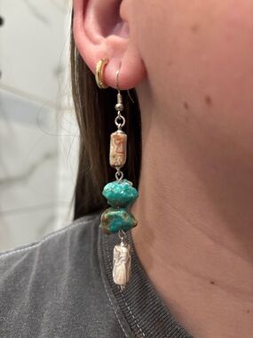 Turquoise and Cream Beaded Drop Earrings - Gold Tone Hooks